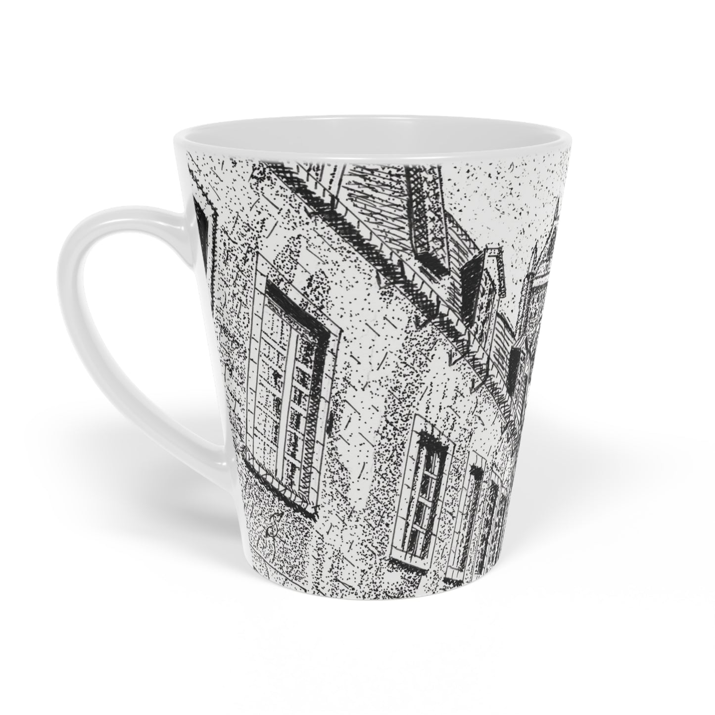 Ceramic Mug: Le Château Frontenac - Quebec City, CA - Architectural Illustration - Latte Mug — 12oz Black & White Cityscape