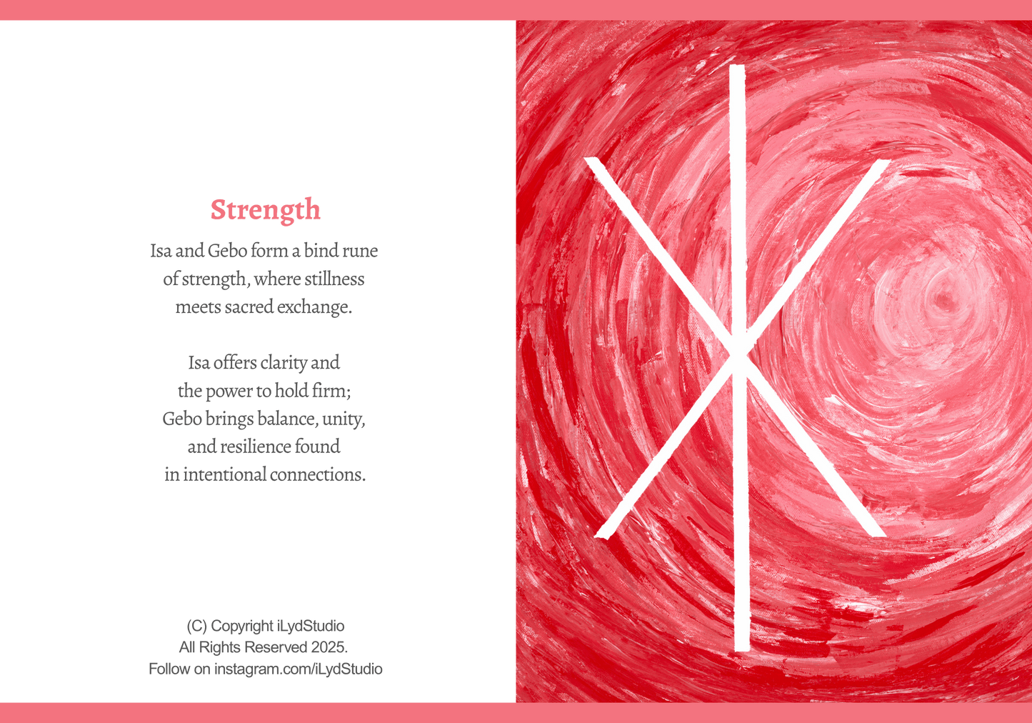 A rectangular graphic design split into two sections: the left side contains the word 'Strength' and several lines of descriptive text, while the right side shows a red abstract swirl pattern with a large white Bind Rune symbol overlaid.
