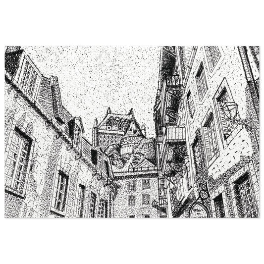 A black and white stippled ink illustration of a narrow street with old buildings, windows, balconies, and a chateau tower in the background.