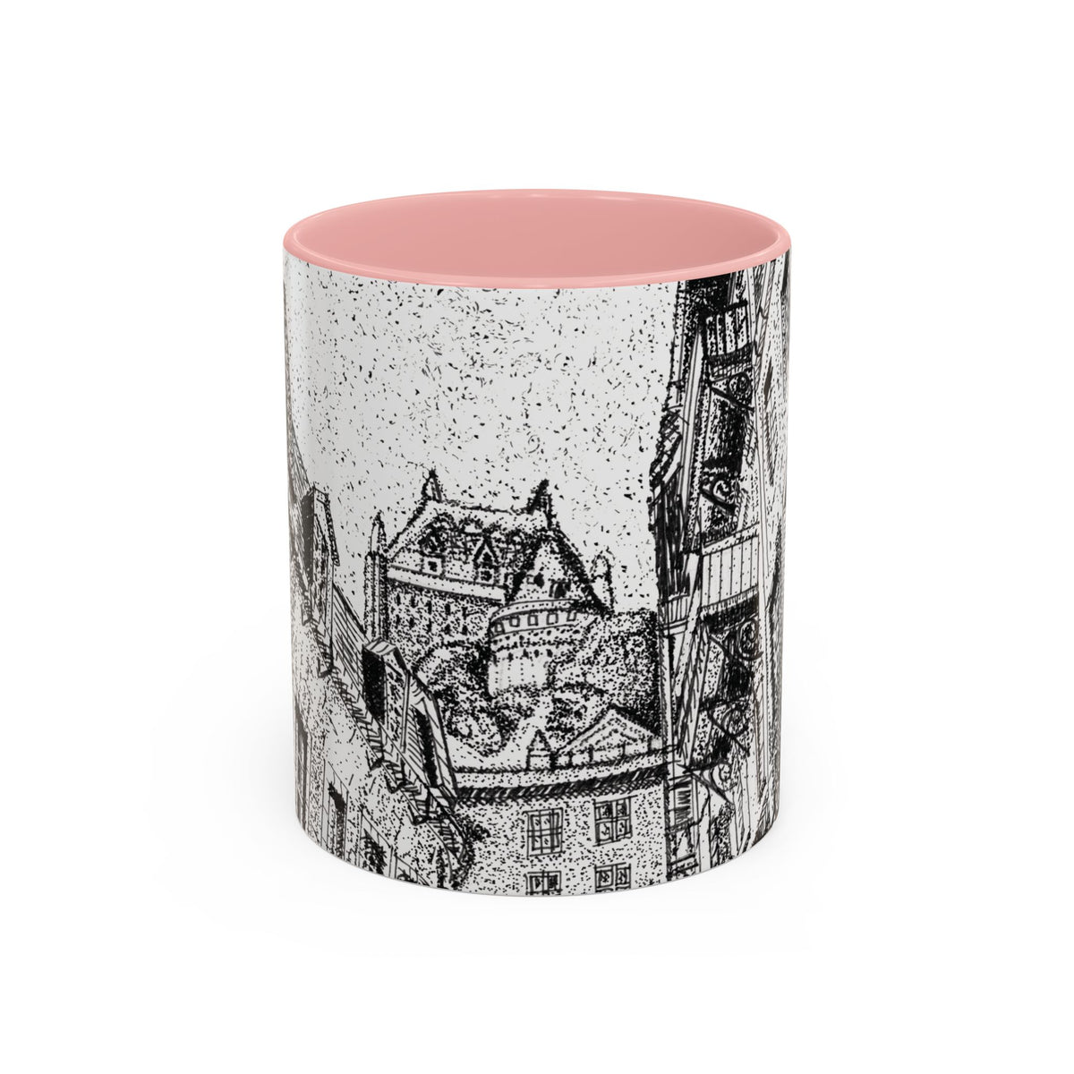 A ceramic mug with a pink interior and a black-and-white architectural illustration of the view of the chateau print on the exterior, shown against a plain white background.