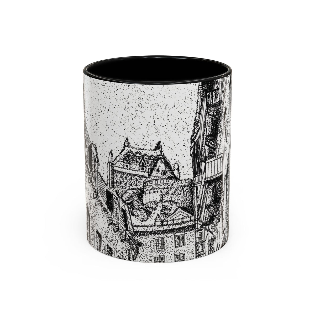 A ceramic mug with a black interior and a black-and-white architectural illustration of the view of the chateau print on the exterior, shown against a plain white background.