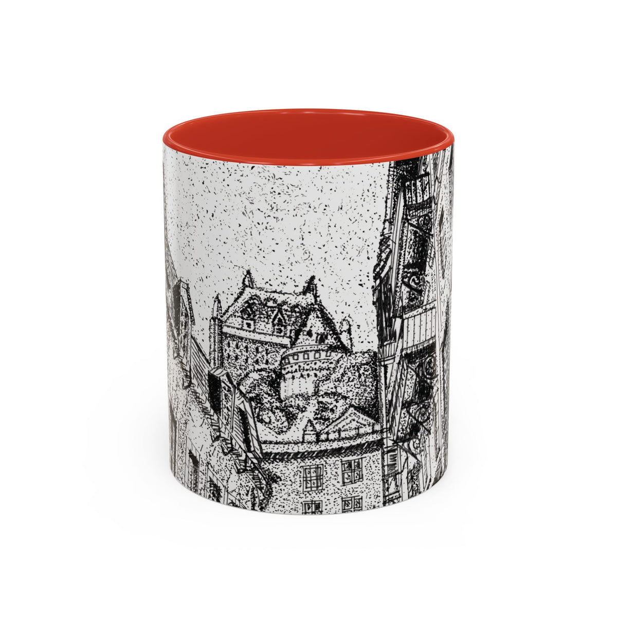 A ceramic mug with a red interior and a black-and-white architectural illustration of the view of the chateau print on the exterior, shown against a plain white background.