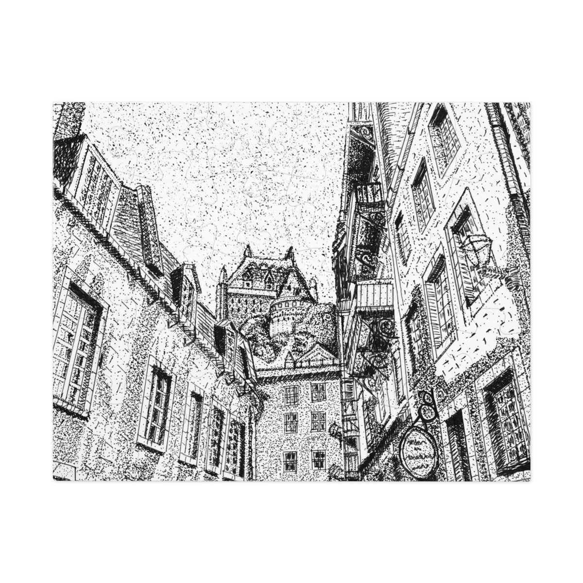 A black and white stippled ink illustration of a narrow street with old buildings, windows, balconies, and a chateau tower in the background.