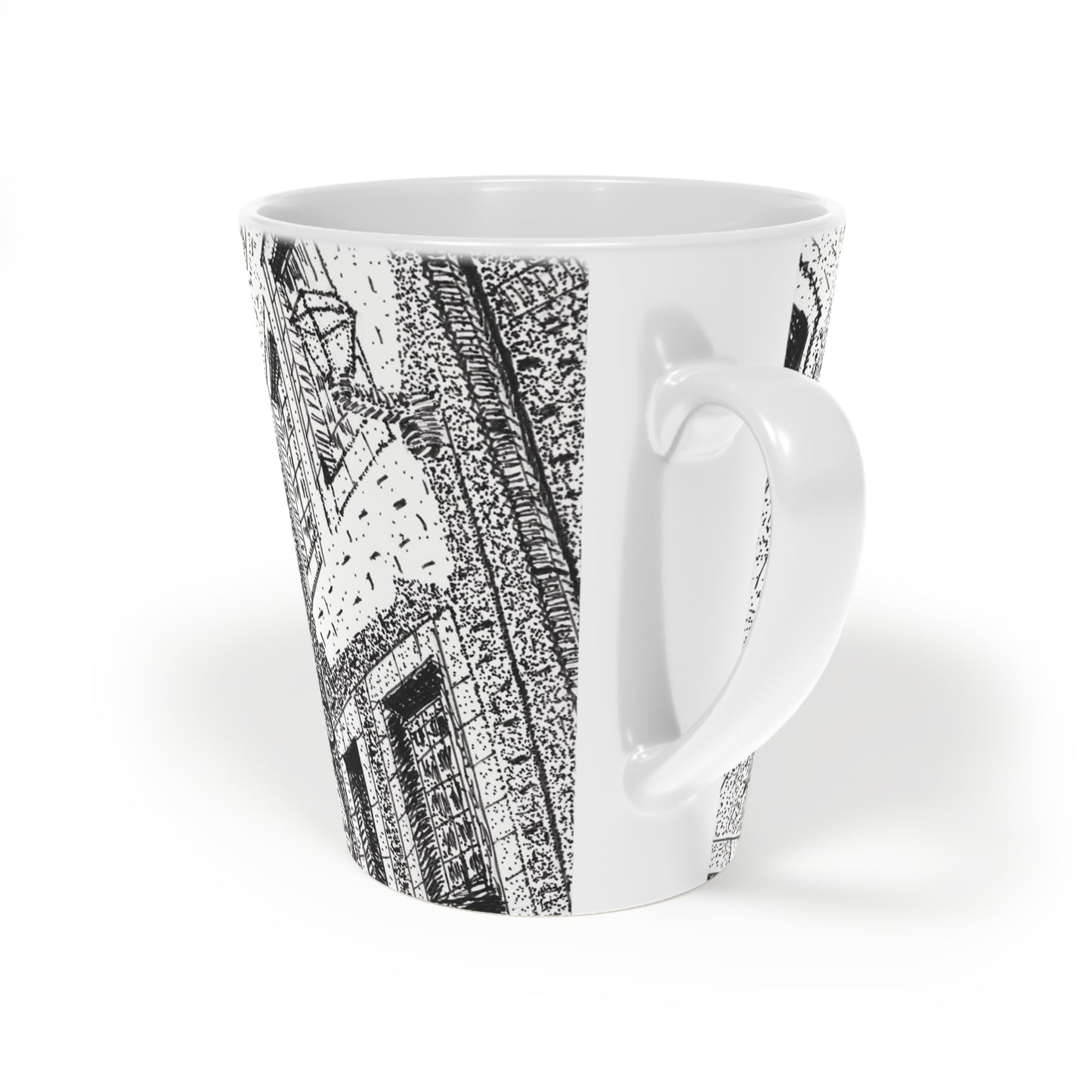 Ceramic Mug: Le Château Frontenac - Quebec City, CA - Architectural Illustration - Latte Mug — 12oz Black & White Cityscape