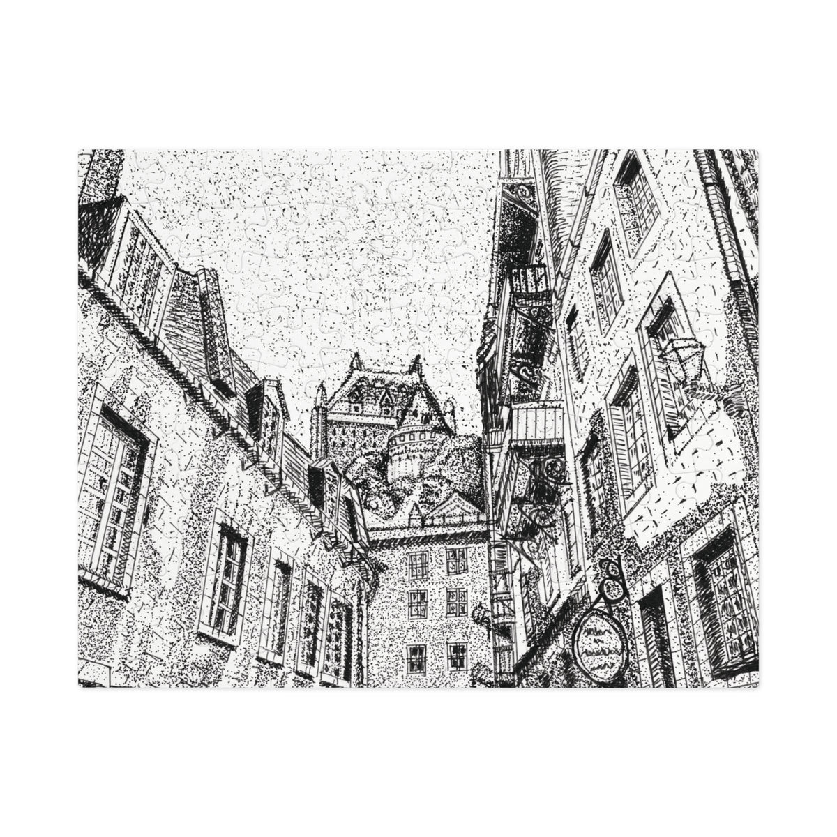 A black and white stippled ink illustration of a narrow street with old buildings, windows, balconies, and a chateau tower in the background.