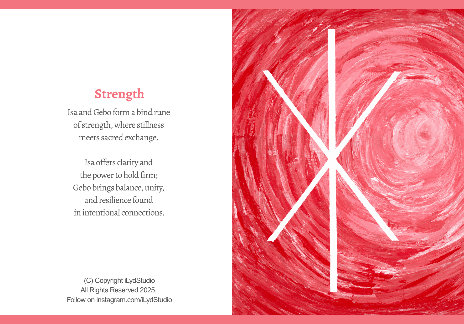 A rectangular graphic design split into two sections: the left side contains the word 'Strength' and several lines of descriptive text, while the right side shows a red abstract swirl pattern with a large white Bind Rune symbol overlaid.
