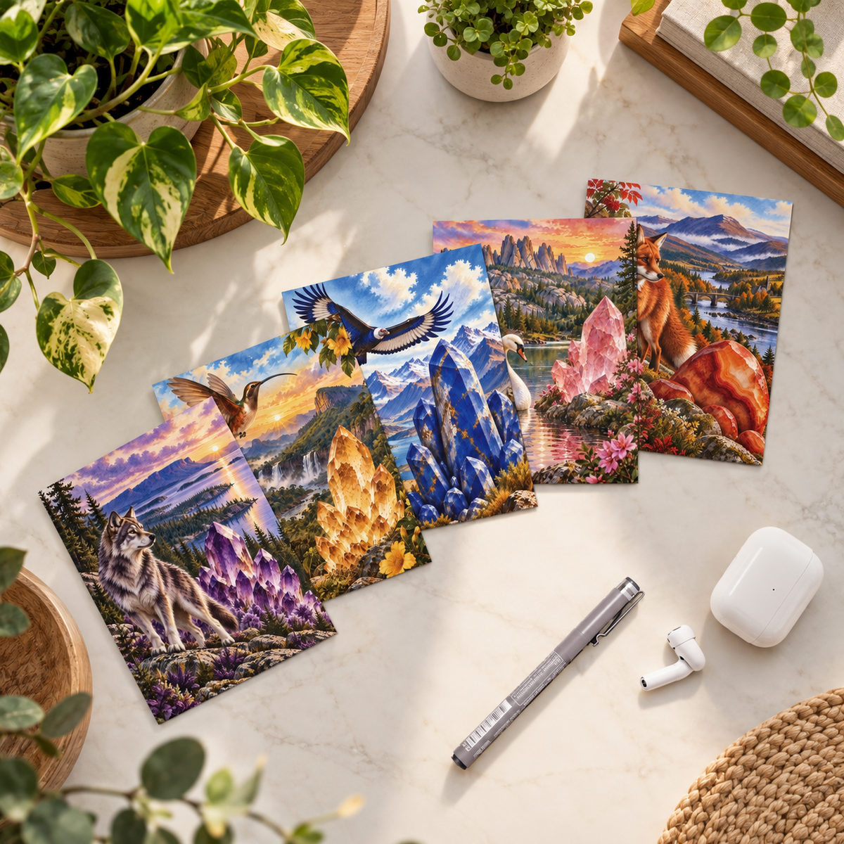 Stone & Spirit Animal Series 1.0 Blank Note Cards/Greetings Cards (5-Pack)