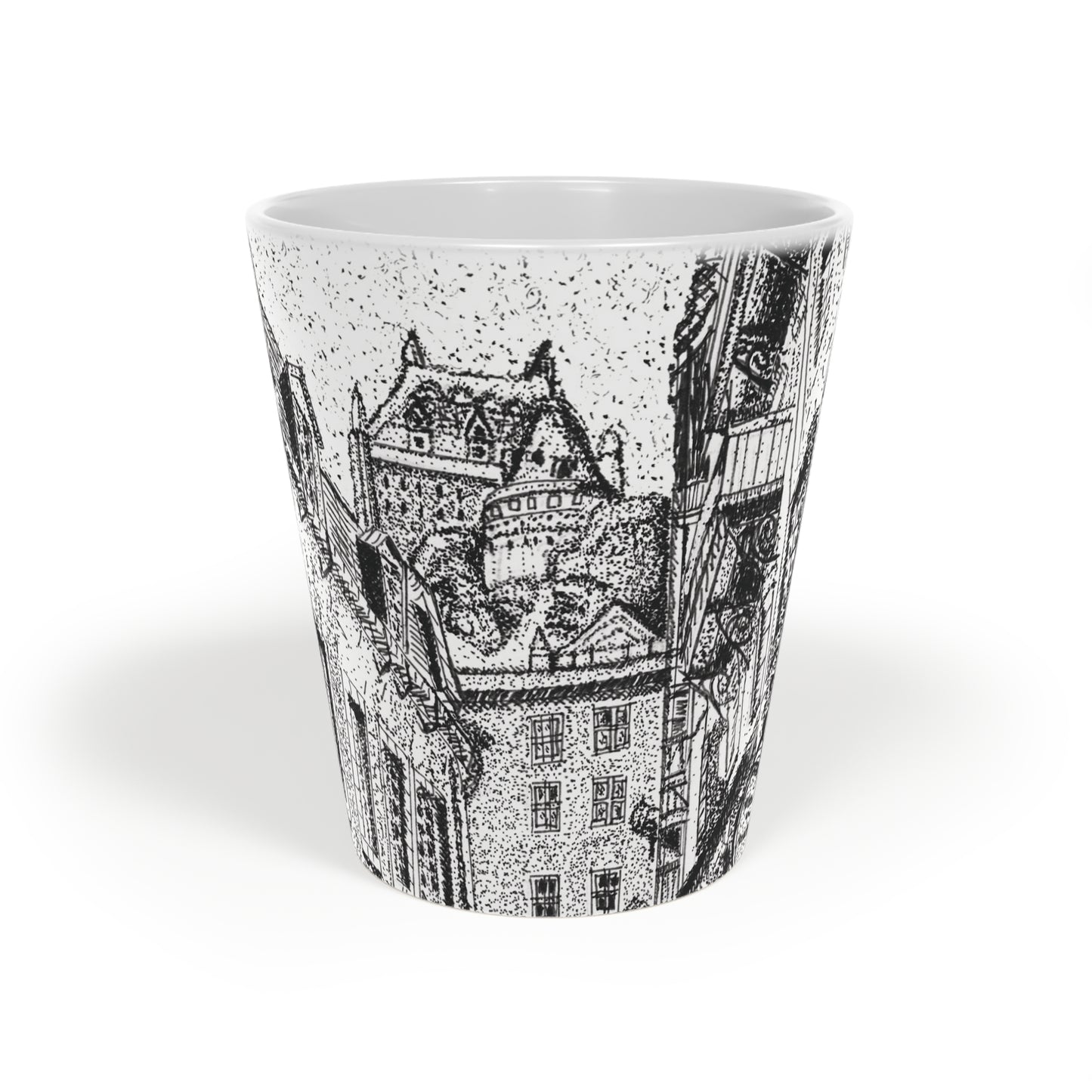 Ceramic Mug: Le Château Frontenac - Quebec City, CA - Architectural Illustration - Latte Mug — 12oz Black & White Cityscape