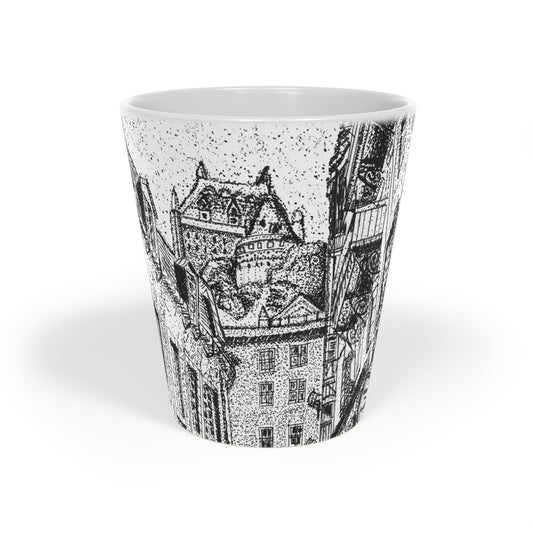 Ceramic Mug: Le Château Frontenac - Quebec City, CA - Architectural Illustration - Latte Mug — 12oz Black & White Cityscape