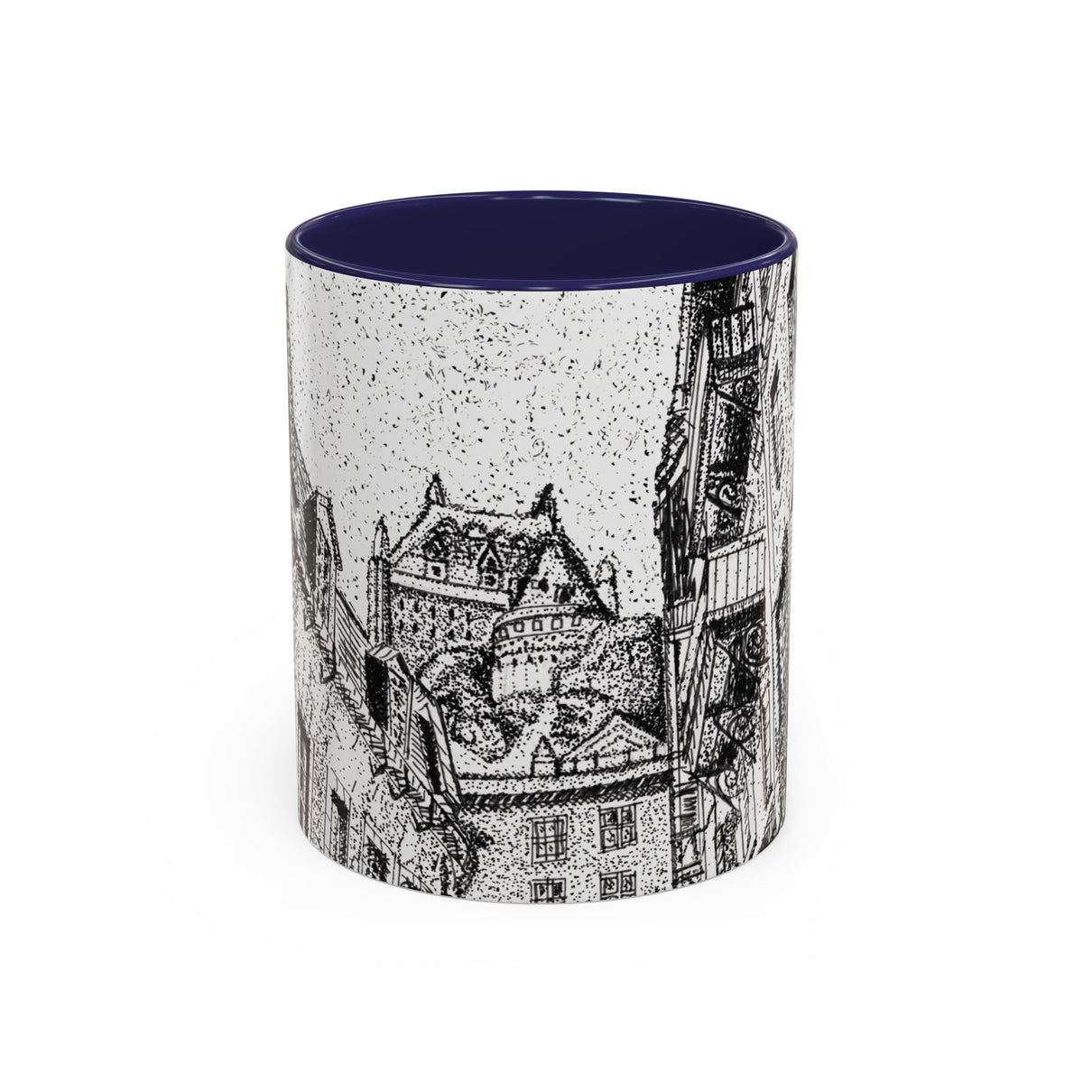 A ceramic mug with a dark blue interior and a black-and-white architectural illustration of the view of the chateau print on the exterior, shown against a plain white background.