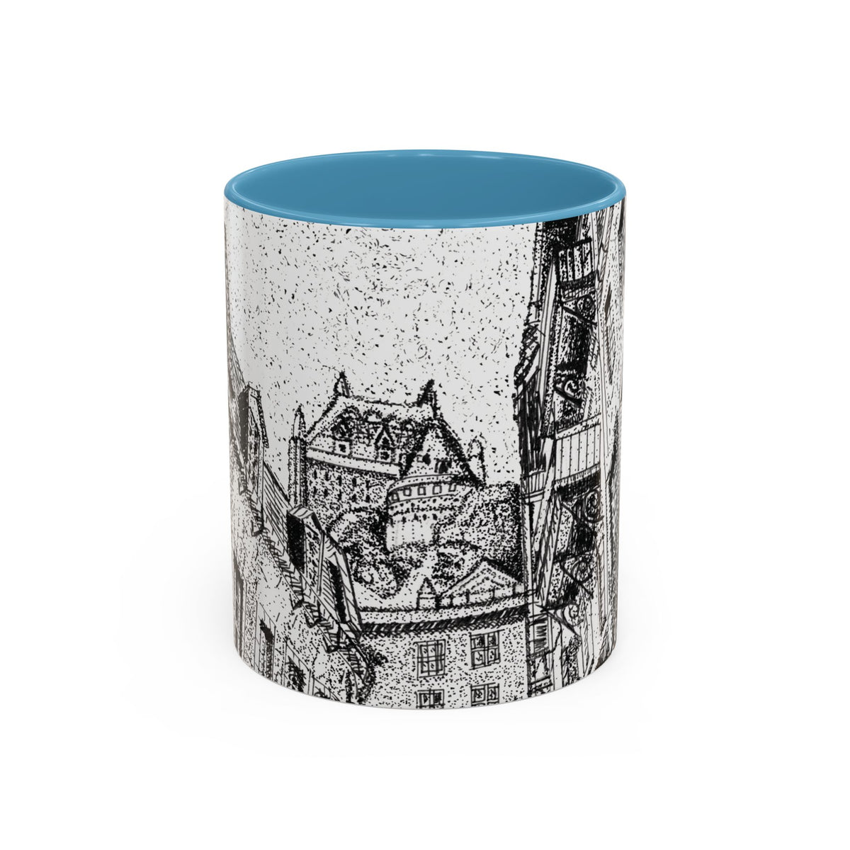 A ceramic mug with a sky blue color interior and a black-and-white architectural illustration of the view of the chateau print on the exterior, shown against a plain white background.