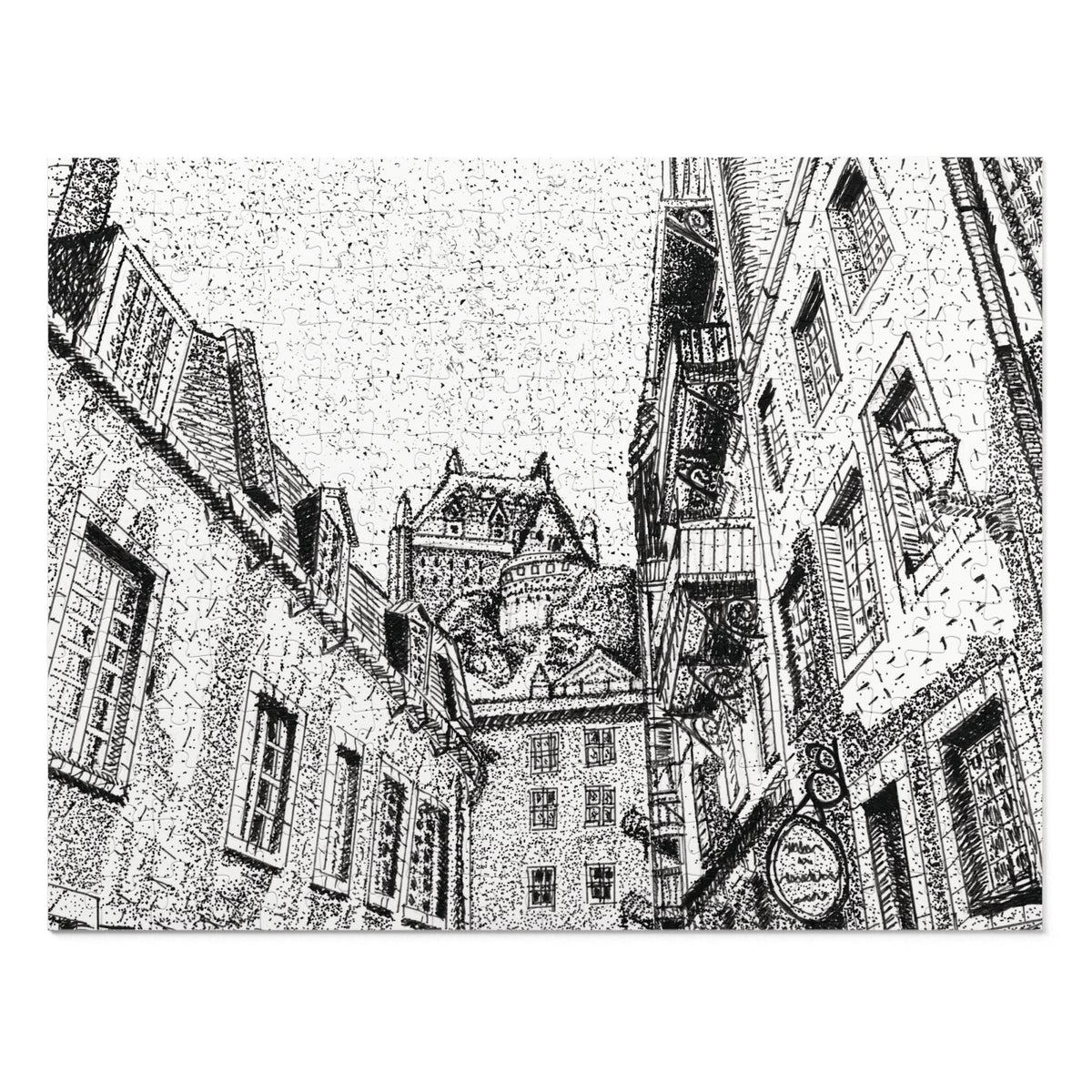 A black and white stippled ink illustration of a narrow street with old buildings, windows, balconies, and a chateau tower in the background.