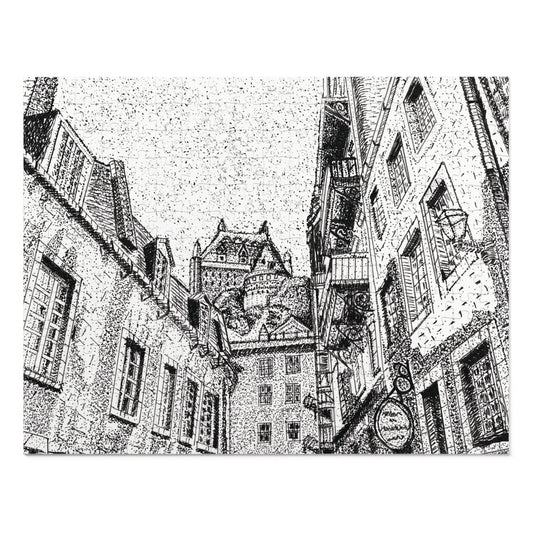 A black and white stippled ink illustration of a narrow street with old buildings, windows, balconies, and a chateau tower in the background.