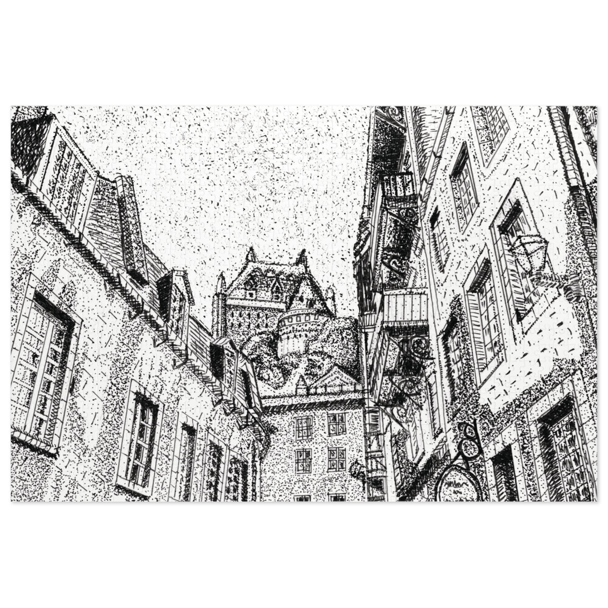 A black and white stippled ink illustration of a narrow street with old buildings, windows, balconies, and a chateau tower in the background.