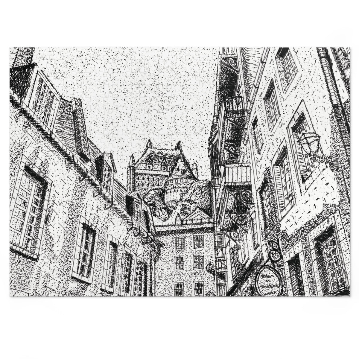 A black and white stippled ink illustration of a narrow street with old buildings, windows, balconies, and a chateau tower in the background.