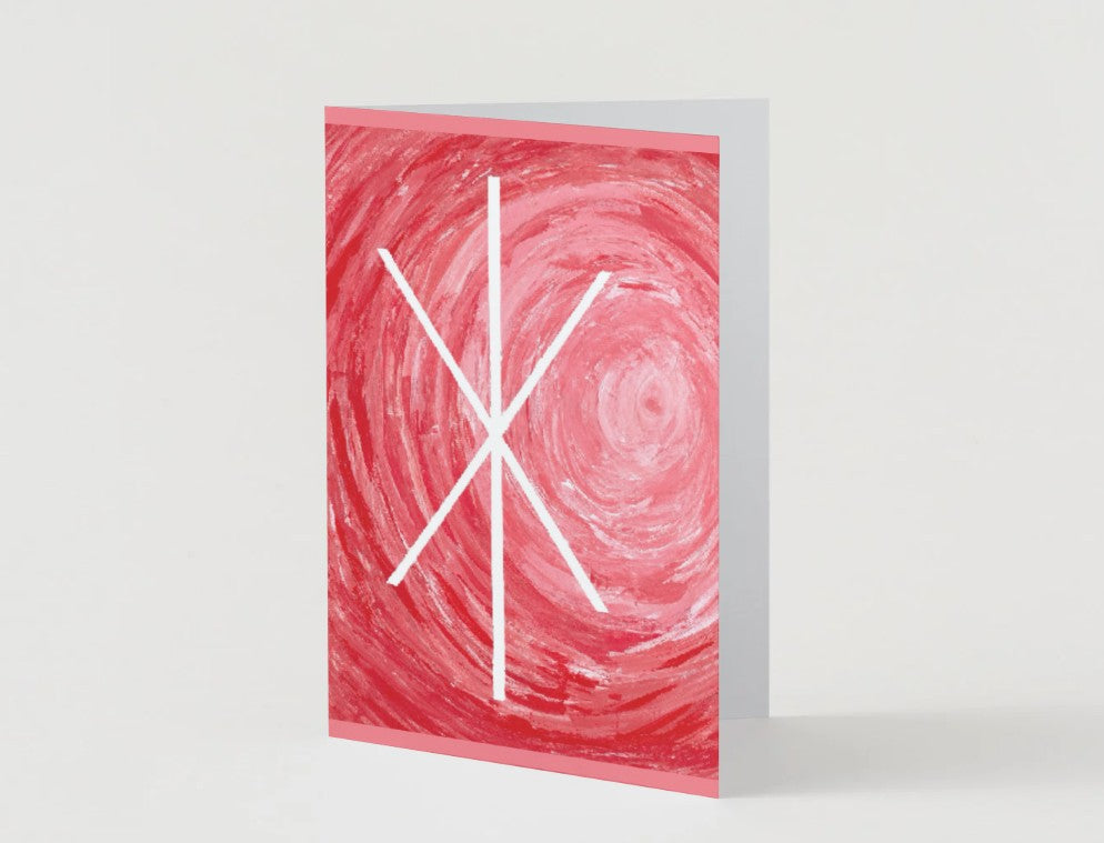 Greeting card with red abstract design and white Bind Rune symbol for Strength on a light gray background