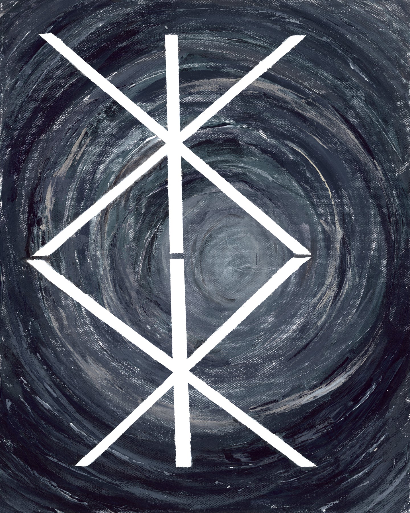 Abstract artwork featuring a white geometric bind rune symbol over a dark swirling background with black, gray, and blue tones.