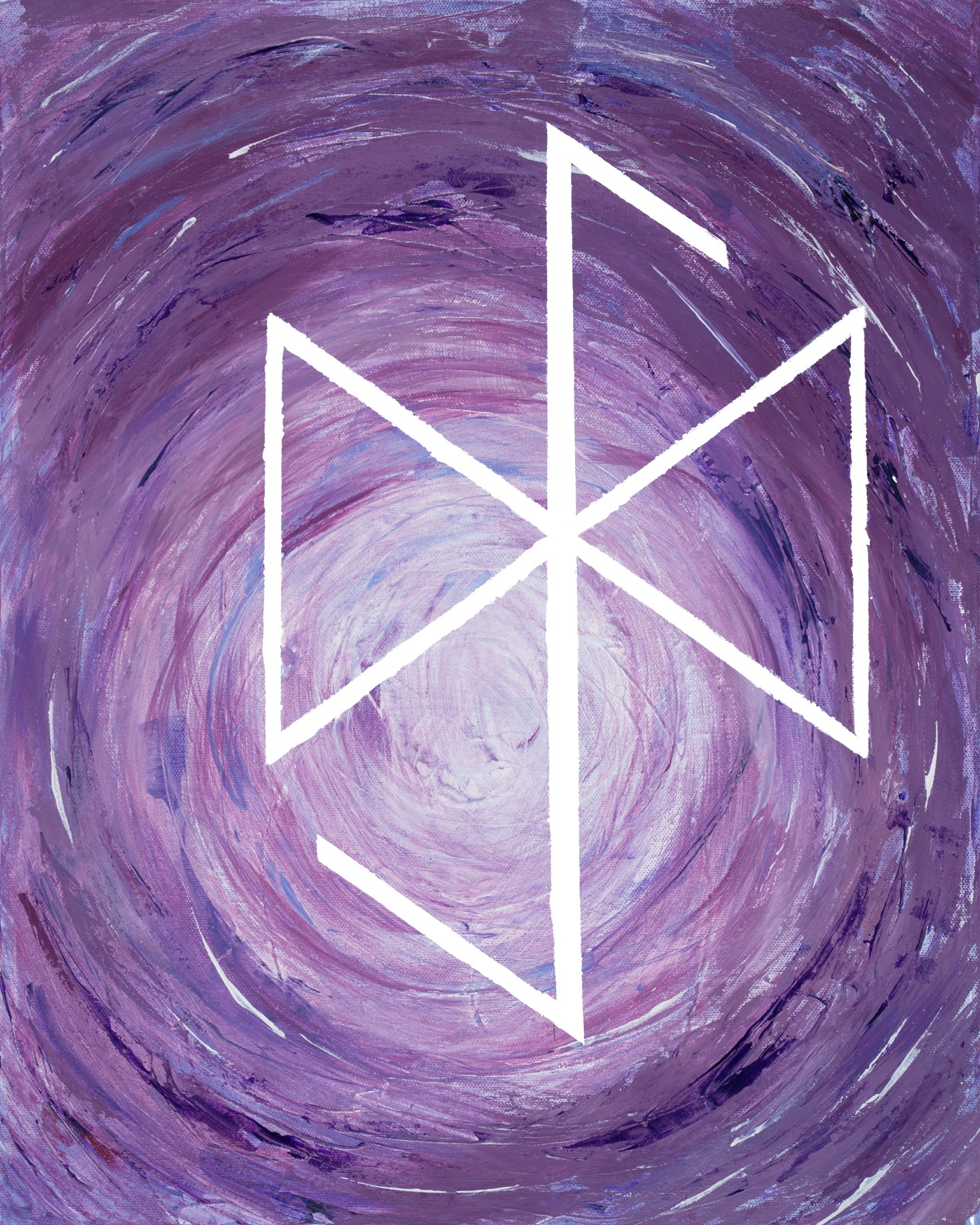 Abstract square artwork featuring a white geometric rune-like symbol centered over a swirling purple and lavender painted background.