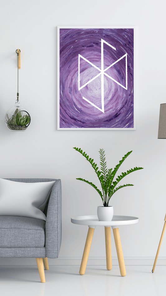 A framed wall art print featuring a white geometric rune symbol over a purple and lavender swirling background, displayed in a modern living room setting above a gray armchair and a small side table with a green plant.