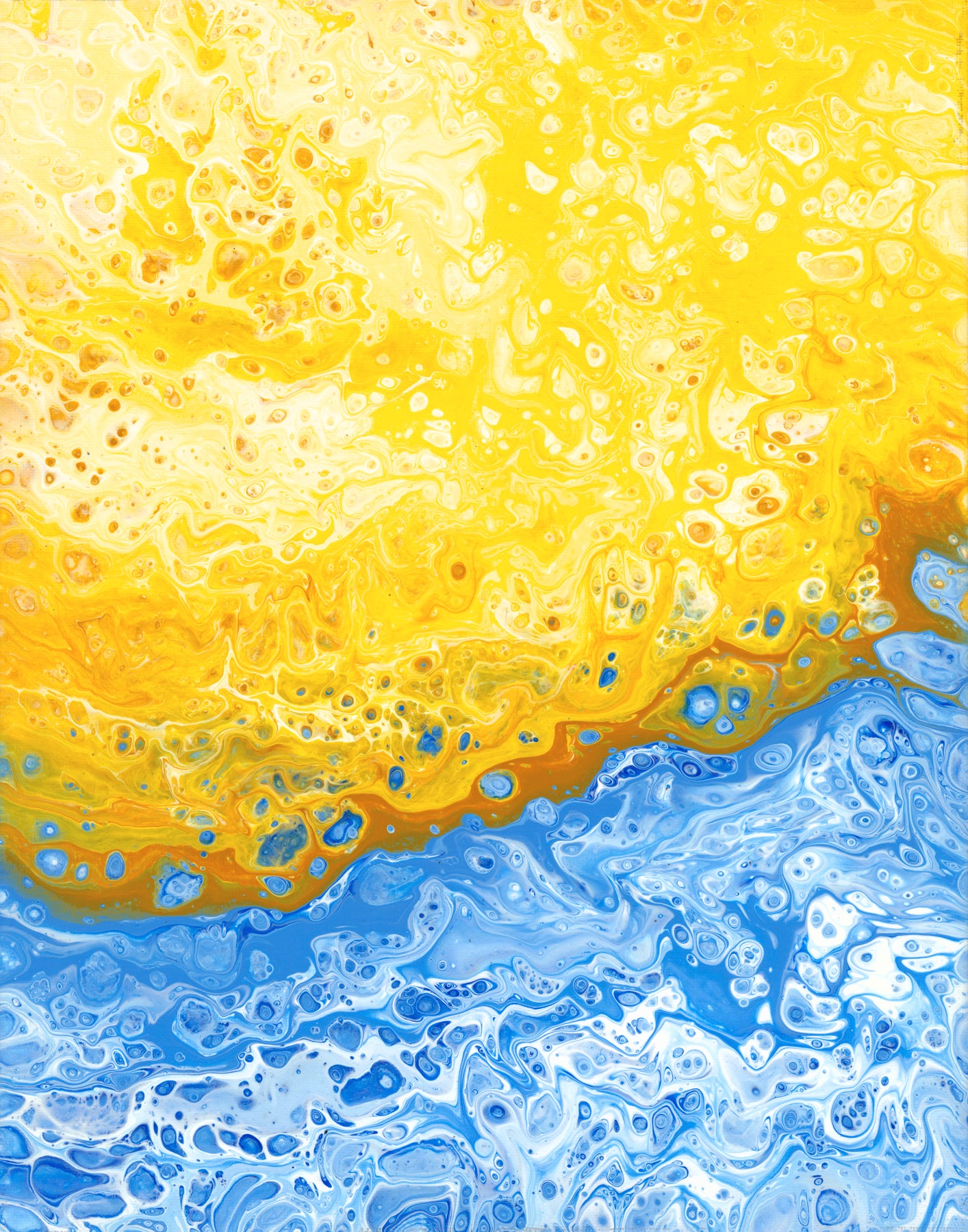 Abstract fluid art print featuring a bold diagonal split with a vibrant yellow and orange textured top half and a blue and white marbled bottom half.